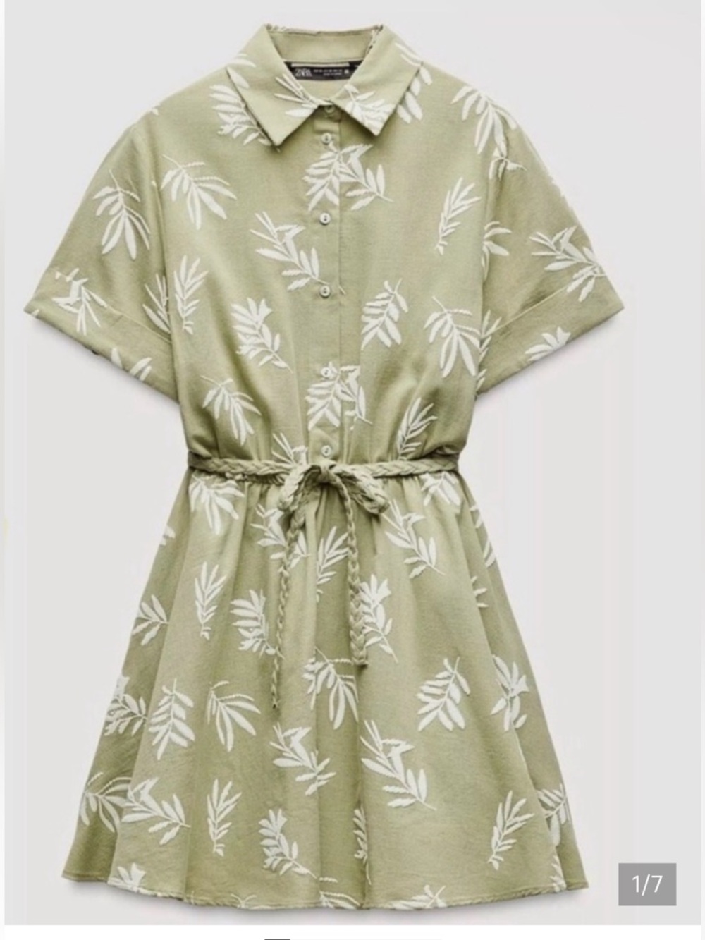 Zara Olive Green Short Sleeve Floral Tie-Waist Mini Dress - Picture 3 of 7